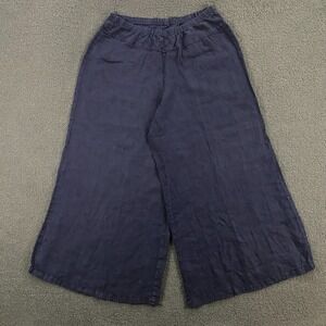 Linen Wide Leg Pants Womens XL Elastic Stretch Waist Pull On Lagenlook Blue Boho